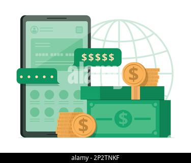 Illustrazione del concetto di trasferimento di denaro online tramite smartphone Illustrazione Vettoriale
