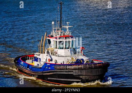 Hermes, un rimorchiatore di Rotortug di proprietà di Seabulk Towing, viaggia lungo il fiume Mobile vicino al porto di Mobile, 4 marzo 2023, a Mobile, Alabama. Foto Stock