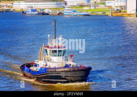 Hermes, un rimorchiatore di Rotortug di proprietà di Seabulk Towing, viaggia lungo il fiume Mobile vicino al porto di Mobile, 4 marzo 2023, a Mobile, Alabama. Foto Stock