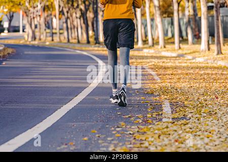 Vista dal retro dell'uomo irriconoscibile che fa jogging all'aperto in autunno. Foglie gialle sulla strada, autunno in esecuzione Foto Stock