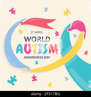 World Autism Awareness Day con nastro puzzle colorato. Illustrazione vettoriale Illustrazione Vettoriale