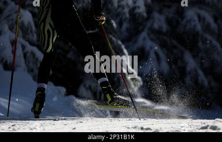 Klingenthal, Germania. 28th Feb, 2023. Un laureato e atleta competitivo frequenta il suo esame di laurea in sci di fondo. Gli studenti del campus sportivo di Klingenthal devono completare 10 chilometri per l'esame nella loro specializzazione nordica combinata, le ragazze 5 chilometri in pattinaggio entro un certo tempo in grado. Una formazione sportiva invernale competitiva ha una lunga tradizione nel sud della Sassonia. Le tre scuole d'élite della Sassonia riportano successi in materia di concorrenza e investimenti in milioni di persone. Credit: Jan Woitas/dpa/Alamy Live News Foto Stock