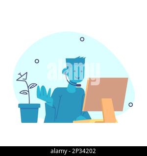 assistenza clienti che fornisce indicazioni di fronte al notebook. Concetto di servizio clienti online. Illustrazione Vettoriale