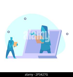 uomo d'affari dall'interno di un computer portatile, dando indicazioni per il suo cliente. Concetto di servizio clienti online. Illustrazione Vettoriale