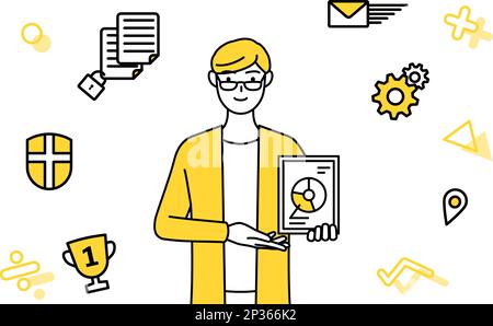 Immagine di DX, Un giovane vestito casualmente che utilizza la tecnologia digitale per migliorare il suo business, Vector Illustration Illustrazione Vettoriale