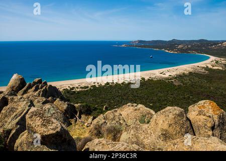 Spiaggia di sabbia, Plage de Erbaju, vicino Sartene, costa sud, Dipartimento Corse-du-Sud, Corsica, Mar Mediterraneo, Francia Foto Stock