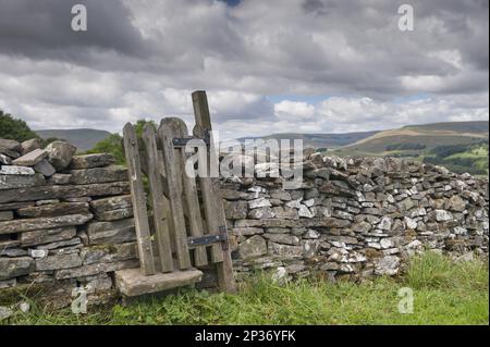 Palafitte e cancello in muratura a secco sul sentiero pubblico, vicino a Burtersett, Hawes, Wensleydale, Yorkshire Dales N.P., North Yorkshire, Inghilterra, United Foto Stock