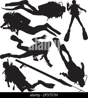 Silhouette vettoriali per subacquei e fucili isolati su sfondo bianco. Stratificato, modificabile Illustrazione Vettoriale