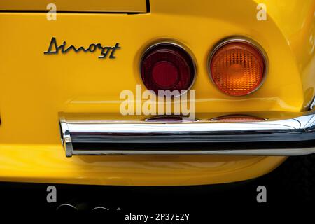 Dettaglio di Ferrari Vintage Dino 246 GT, Alfredo Ferrari, auto sportiva, design, auto sportiva, Design, Pininfarina design, produzione 1969 -1974 a Modena Foto Stock