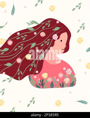 Illustrazione luminosa con una donna con capelli lunghi e fiori intorno. Donna felice di primavera. Ideale per biglietti d'auguri, biglietti, striscioni, poster. Grafica vettoriale. Illustrazione Vettoriale