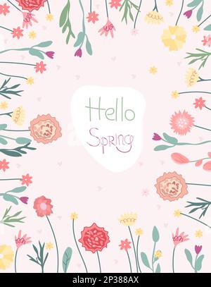 Brillanti illustrazioni primaverili con fiori selvatici e l'iscrizione Hello Spring. Margherite, tulipani, garofani e leaves.Spring verde fioritura. Ideale per biglietti d'auguri, biglietti, striscioni, poster. Vettore. Illustrazione Vettoriale