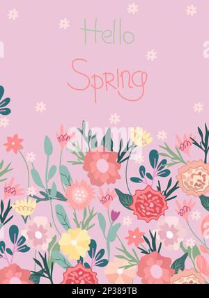 Brillanti illustrazioni primaverili con fiori selvatici e l'iscrizione Hello Spring. Margherite, tulipani, garofani e leaves.Spring verde fioritura. Ideale per biglietti d'auguri, biglietti, striscioni, poster. Vettore. Illustrazione Vettoriale