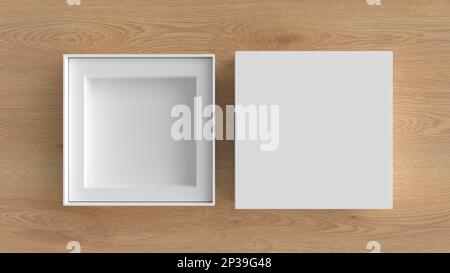 Contenitore quadrato a scatola aperta mockup su sfondo di legno. Modello per il progetto. illustrazione 3d Foto Stock