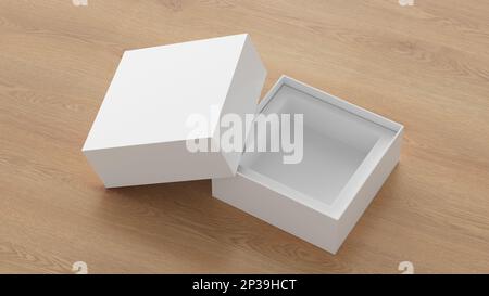 Contenitore quadrato a scatola aperta mockup su sfondo di legno. Modello per il progetto. illustrazione 3d Foto Stock