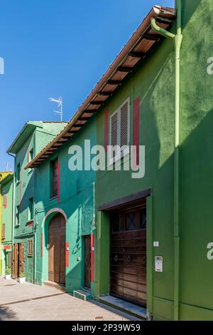 Le case del villaggio di Ghizzano, Pisa, Italia, colorate con varie sfumature di verde Foto Stock