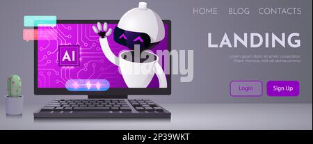 Monitor computer con robot. Concetto di chatbot e intelligenza artificiale. Illustrazione vettoriale Illustrazione Vettoriale