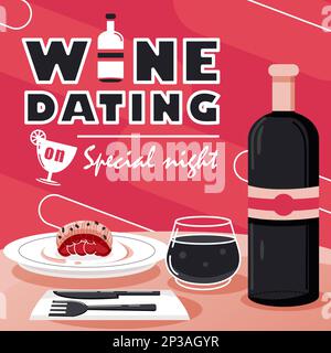 Wine Dating la notte speciale, cena e una bottiglia di vino. Adatto per eventi Illustrazione Vettoriale