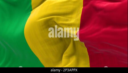 Particolare della bandiera nazionale del Mali che sventola nel vento. Verticale tricolore, colori panafricani, verde, giallo e rosso. 3d rappresentazione dell'illustrazione. Selezione f Foto Stock