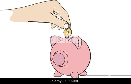 disegno a linea singola continuo colorato della mano che inserisce la moneta nel banco di piggy, risparmiando soldi linea arte illustrazione vettoriale Illustrazione Vettoriale