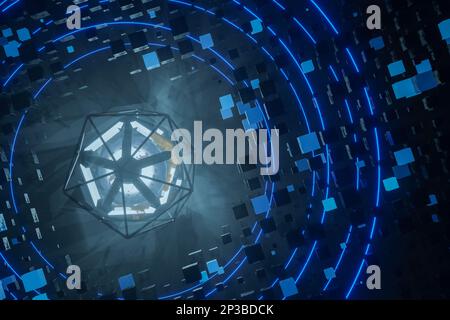 Illustrazione futuristica del flusso di dati 3D. Ai o tecnologia di trasferimento dati. Cyberpunk, big data e cybersicurezza. Cyberspazio, transazioni blockchain. AB Foto Stock