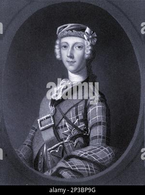 Center Charles Edward Louis John Sylvester Maria Casimir Stuart (31 dicembre 1720 – 30 gennaio 1788) è stato un . E lo Stuart pretendente ai troni di Inghilterra, Scozia e Irlanda dal 1766 come Carlo III.[c] durante la sua vita, fu anche conosciuto come 'il giovane pretendente' e 'il giovane Chevalier'; nella memoria popolare, è conosciuto come Bonnie Prince Charlie. Dal libro 'Una storia dei reggimenti scozzesi delle Highlands, dei clan delle Highland e delle Highland' Volume 1 di Maclauchlan, Thomas, 1816-1886; Wilson, John, 1785-1854; Keltie, John Foto Stock