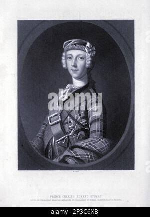 Center Charles Edward Louis John Sylvester Maria Casimir Stuart (31 dicembre 1720 – 30 gennaio 1788) è stato un . E lo Stuart pretendente ai troni di Inghilterra, Scozia e Irlanda dal 1766 come Carlo III.[c] durante la sua vita, fu anche conosciuto come 'il giovane pretendente' e 'il giovane Chevalier'; nella memoria popolare, è conosciuto come Bonnie Prince Charlie. Dal libro 'Una storia dei reggimenti scozzesi delle Highlands, dei clan delle Highland e delle Highland' Volume 1 di Maclauchlan, Thomas, 1816-1886; Wilson, John, 1785-1854; Keltie, John Foto Stock