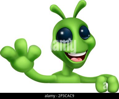 Alieno cute Little Green Man Martian Cartoon Mascot Illustrazione Vettoriale