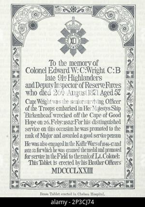 Tavoletta di ottone eretta nel Chelsea Hospital in memoria del colonnello Edward W. C. Wright fine dei 91st Highlanders dal libro 'Una storia delle Highlands scozzesi, clan Highland e reggimenti Highland' Volume 2 di Maclauchlan, Thomas, 1816-1886; Wilson, John, 1785-1854; Keltie, John Scott, Sir, 1840-1927 Data di pubblicazione 1875 editore Edinburgh ; Londra : A. Fullarton Foto Stock