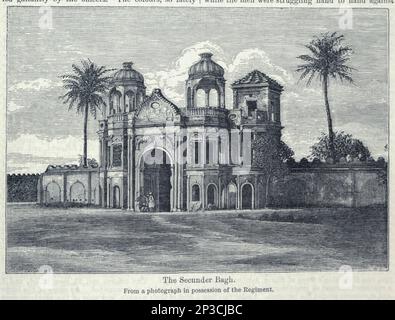 Il Secunder Bagh Sikandar Bagh precedentemente conosciuto dagli inglesi come Sikunder / Sikandra / Secundra Bagh, è una villa e giardino racchiusi da un muro fortificato, con lacune, porta d'ingresso e bastioni angolo, circa 150 yarde piazza, circa 4,5 ettari (1,8 ha), situato nella città di Lucknow, Oudh, Utttar Pradesh, India. Dal libro 'Una storia dei reggimenti scozzesi delle Highlands, dei clan delle Highland e delle Highland' Volume 2 di Maclauchlan, Thomas, 1816-1886; Wilson, John, 1785-1854; Keltie, John Scott, Sir, 1840-1927 Data di pubblicazione 1875 editore Edinburgh ; Londra : A. Fullarton Foto Stock