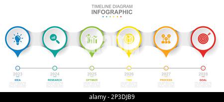 Modello aziendale infografico. 6 passi Modern Timeline diagramma calendario con cerchio e argomenti. Presentazione del concetto. Illustrazione Vettoriale