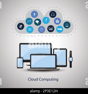 Progettazione del concetto di cloud computing con icone nel cloud che rappresentano vari tipi di media digitali e servizi di storage Illustrazione Vettoriale