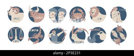 Set di illustrazioni con segni zodiacali. Dodici simboli dell'oroscopo astrologico. Icone dei cartoni animati isolati da vettori. Illustrazione Vettoriale