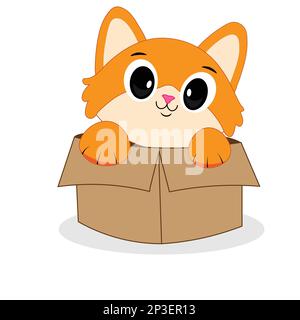 carino gatto in una scatola di cartone. Gattino sta guardando fuori da una scatola. Vettore Illustrazione Vettoriale