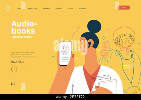 Lifestyle web template -Audiobooks -moderna immagine vettoriale piatta di una donna che ascolta un audiolibro con i germogli nell'applicazione tablet, Victorian e Illustrazione Vettoriale