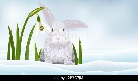 Pasqua carino coniglio e nevicate su sfondo neve vettore illustrazione Illustrazione Vettoriale