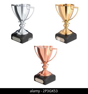 Set di trofei oro, argento, bronzo. Cup Trofeo isolati su sfondo bianco. Graphic design elemento. La vittoria, miglior prodotto, servizio, dipendenti, 1 pla Foto Stock