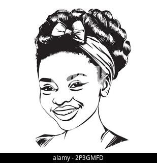 Ritratto di ragazza africana astratto disegno disegnato a mano in figura stile doodle Illustrazione Vettoriale