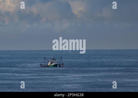 Una taglierina con reti di trascinamento sollevate sul Mare del Nord Foto Stock
