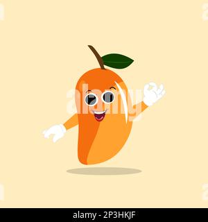 Design di carattere mango. Kawaii caratteri mango illustrazione vettoriale di carino cartone animato, usarli come adesivi, motivi, disegni t-shirt, logo frutta. Illustrazione Vettoriale
