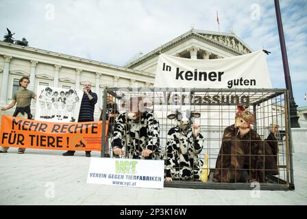 Vienna, Austria. Settembre 3rd, 2008. Dimostrazione della protezione degli animali (VGT) davanti al Parlamento a Vienna. Banner che legge 'più diritti per gli animali' Foto Stock