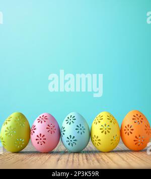 Divertenti uova di pasqua, disegno a mano modello. Concetto di vacanza di Pasqua con le uova fatte a mano carine su superficie di legno. Foto Stock