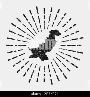 Mappa vintage del Pakistan. Il sole grunge scoppiò in tutto il paese. Nero Pakistan forma con raggi del sole su sfondo bianco. Illustrazione vettoriale. Illustrazione Vettoriale