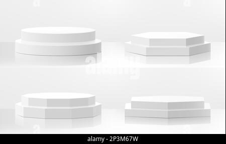 Set di podi bianchi di diverse forme, podi con template di passi. Piedistallo per showroom, mockup isolato vettoriale con piattaforma da pavimento. Geometria di base Illustrazione Vettoriale