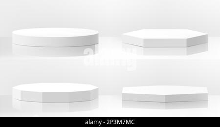 Set di podi bianchi di forme diverse, modello vettoriale a piedistallo. Piattaforma da pavimento modello isolato vettoriale. Rotondo, quadrato e poliedro, vuoto p Illustrazione Vettoriale