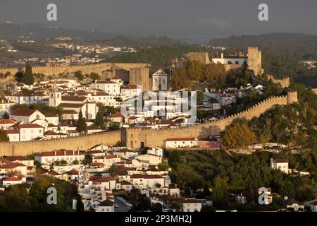 Vista sulla città vecchia e le mura di Obidos al sole del mattino, Obidos, regione centrale, Portogallo, Europa Foto Stock