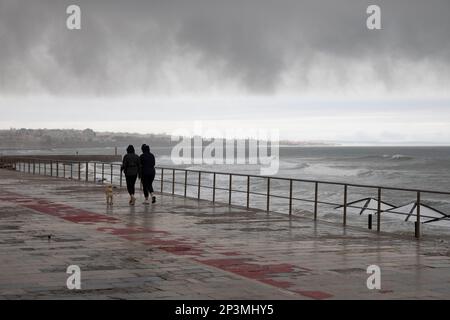 Dog walkers sul lungomare in tempo tempesta, Cascais, Lisbona Regione, Portogallo, Europa Foto Stock