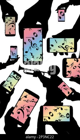 La musica sugli schermi dei telefoni cellulari mostra note e simboli musicali mentre un tromba viene visto come un suono di sfondo in questa illustrazione 3-d. Foto Stock