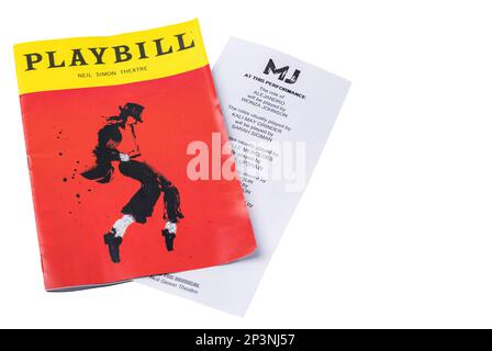 Vista ravvicinata del playbill per MJ la Musica di Neil Simone Theater, Broadway, Manhattan, New York. STATI UNITI. Foto Stock