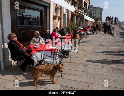 La gente e un cane godono del calore del sole primaverile in un bar sul canale sulla Fondamenta Zattere al Gesuiti, Venezia, Italia. Foto Stock