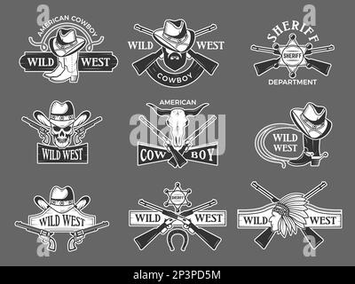 Logo Wild West. Collezione di simboli retrò Sheriff recenti immagini vettoriali selvaggio West con posto per il testo Illustrazione Vettoriale